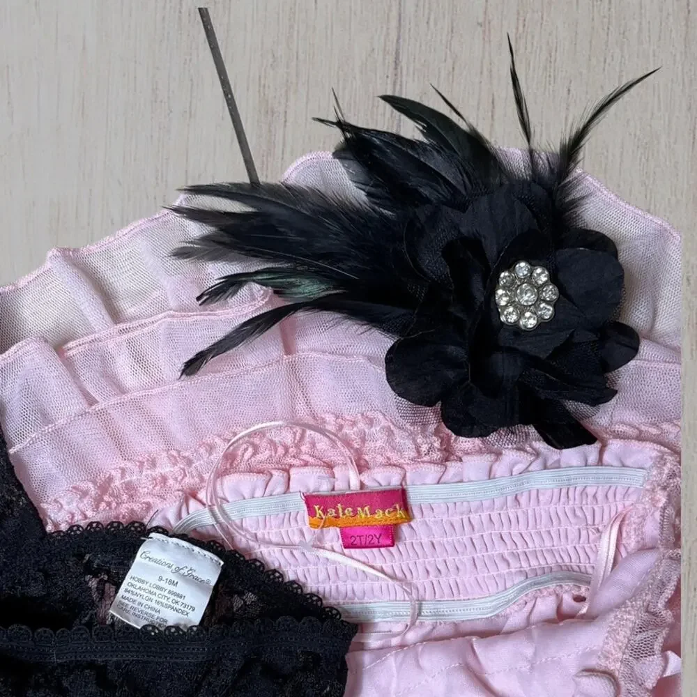 Kate Mack costume ruffled dress with black lace leggings & feather headpiece